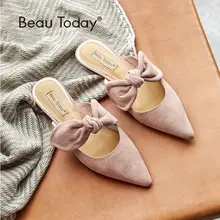BeauToday/женские туфли без задника из натуральной замши; женские туфли на плоской подошве с острым носком и бантом-бабочкой хорошего качества; ручная работа; 36066