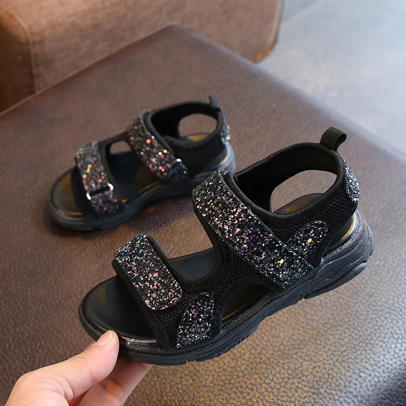 

ULKNN Girls sandals 2019 summer new girls non-slip sequins beach shoes big children students casual sandals