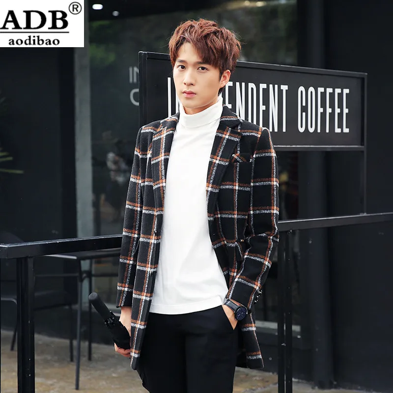 Aodibao 2016 North Facce Winter Coat Men Italy Design Slim Fit Warm Turn-down Collar Single Breasted Plaid Cotton Caual Suit Men