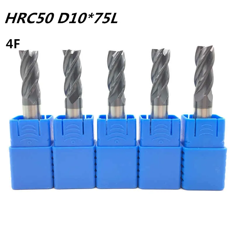 

5Pcs New 4F-D10*75L HRC50 Carbide Square Flatted End Mill 4flute mill diameter 10mm Highspeed milling machine Milling Cutter
