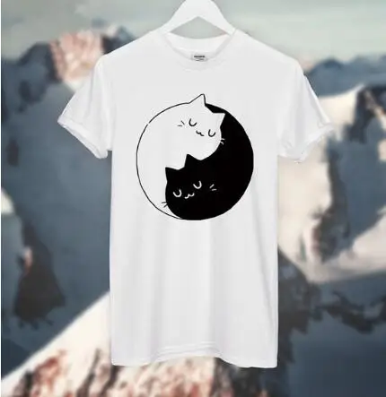 

Women/Men Casual Style Shirts Tees YIN and Yang Black White Cat Printed T-Shirt Crewneck Short Sleeve tshirts Tops Outfits