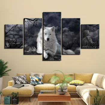 

printed 5 pieces Animal White wolf canvas painting home decor wall art picture for living room posters and prints Artwork