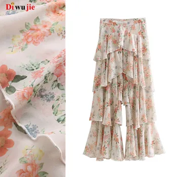 

Vadim Sale Polyester Regular Pants Women 2018 Summer New Flower Print Laminated Lotus Leaf Skirt Chiffon Flared Pants Woman