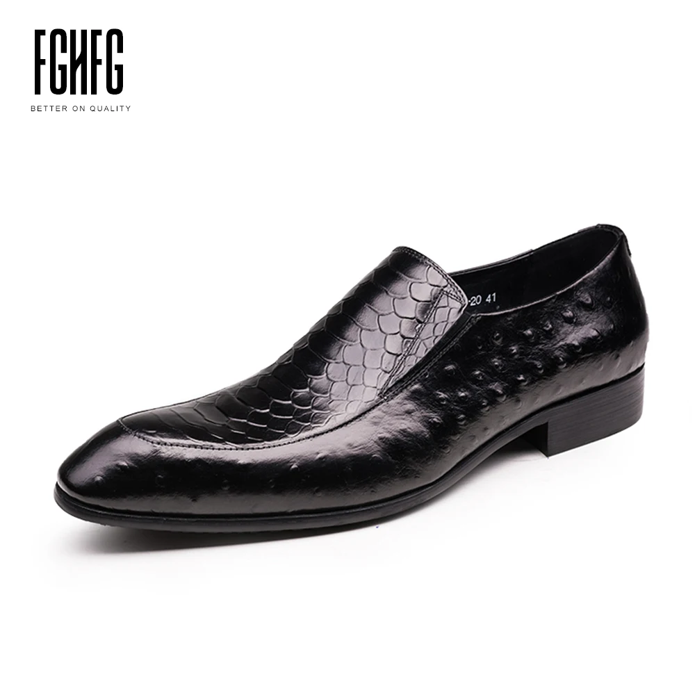

Men's Genuine Leather Shoes Cowhide Leather Pig Inner Pointed Toe Embossed Ostrich Pattern Wedding Business Shoes 2018 New