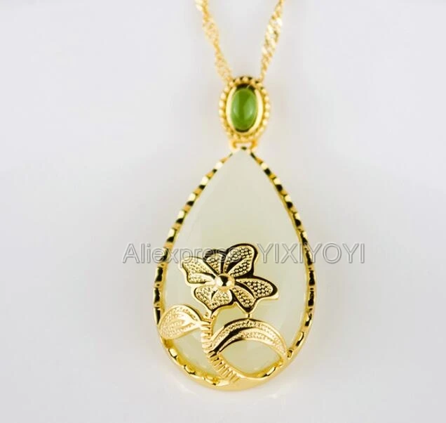

925 Silve Gold Natural White HeTian Jade Beads Inlay Water Dropping Flower Design Lucky Pendant + Free Necklace Woman's Jewelry