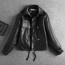 Мотоциклетная куртка из ПУ, женские карманы, длинный рукав, короткая длина, однотонный отложной воротник, молния, свободная стандартной толщины