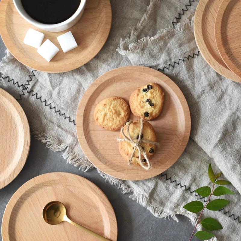 Dia 14cm Mini Cake Snack Fruit Tray Wood Round Wooden Plate Small Serving Trays Mug Coaster Tableware Wooden Utensils Household Gifts (10)