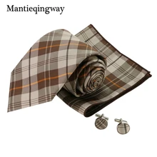 Mantieqingway, мужские коричневые клетчатые деловые галстуки, Свадебный кармашек, квадратные повседневные запонки, набор, галстук, костюмы, Gravats Corbatas
