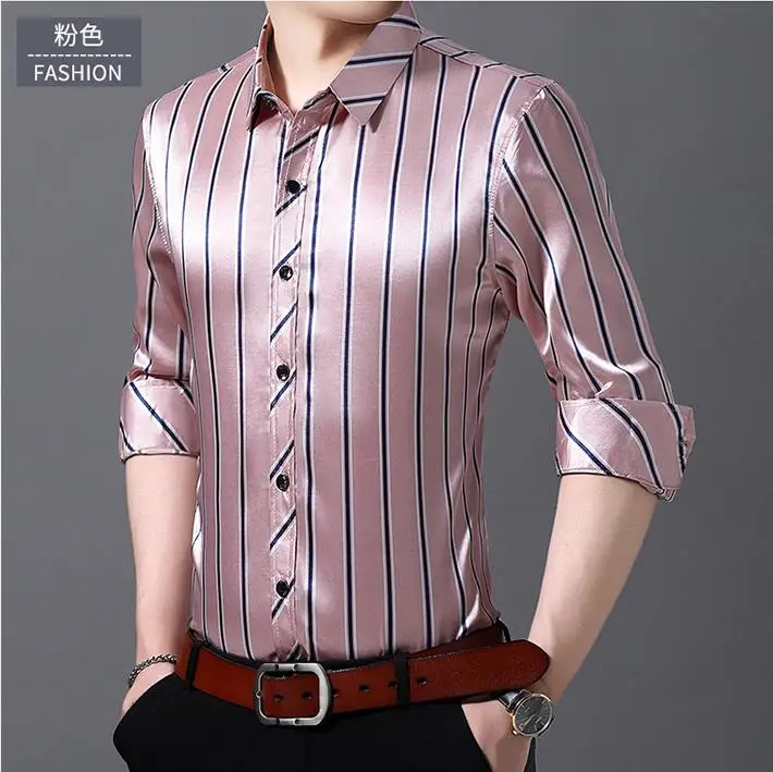 Men Summer Thin Silk Shirt Men Business Casual Shirts Stripe Long Sleeve Print Shirt Cool and breathable