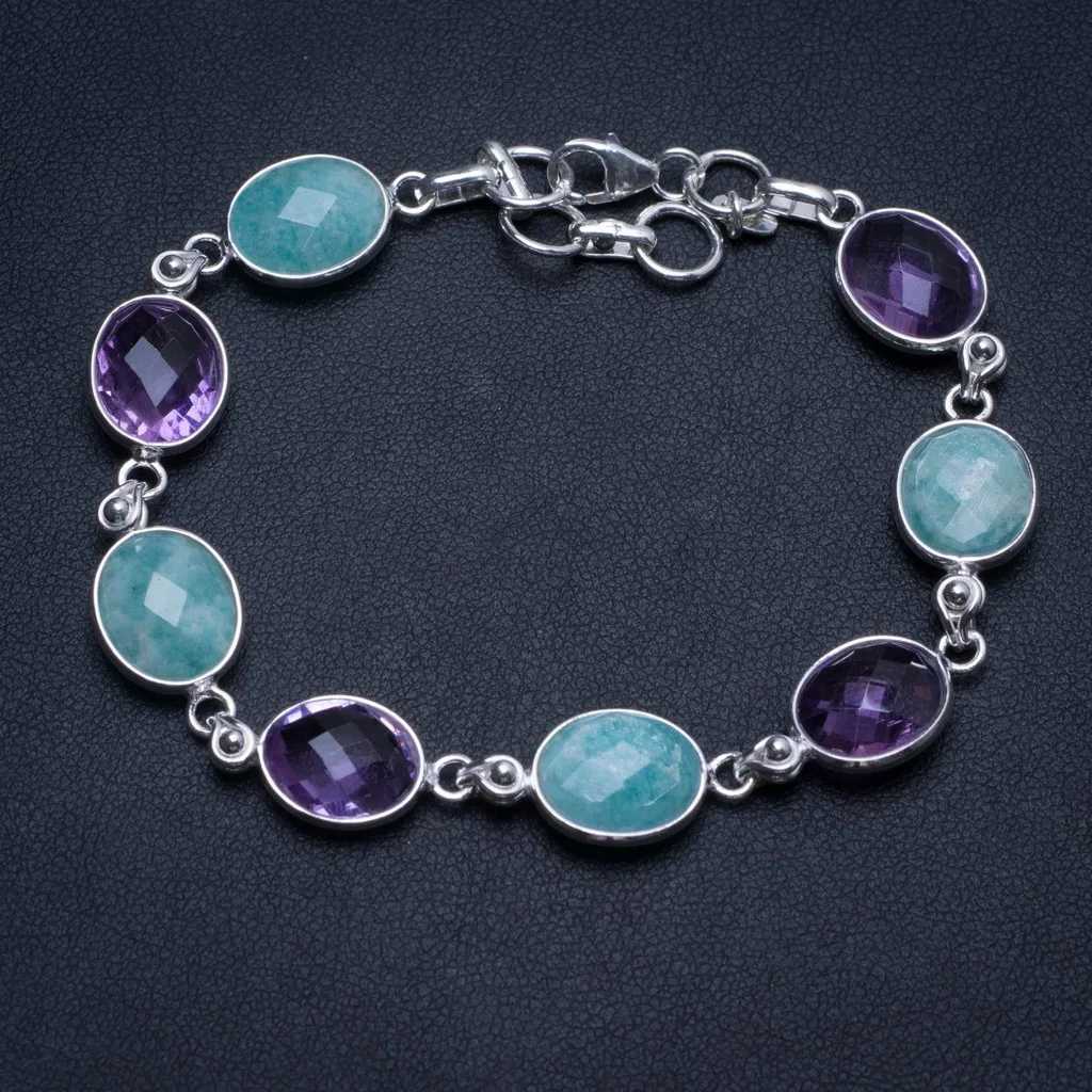 

Natural Amazonite and Amethyst Handmade Boho 925 Sterling Silver Tennis Bracelet 7-7 3/4" T8539