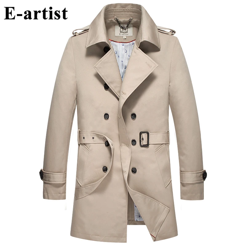 E artist Men's Long Double Breasted Trench Coat with Belt Male Slim Fit