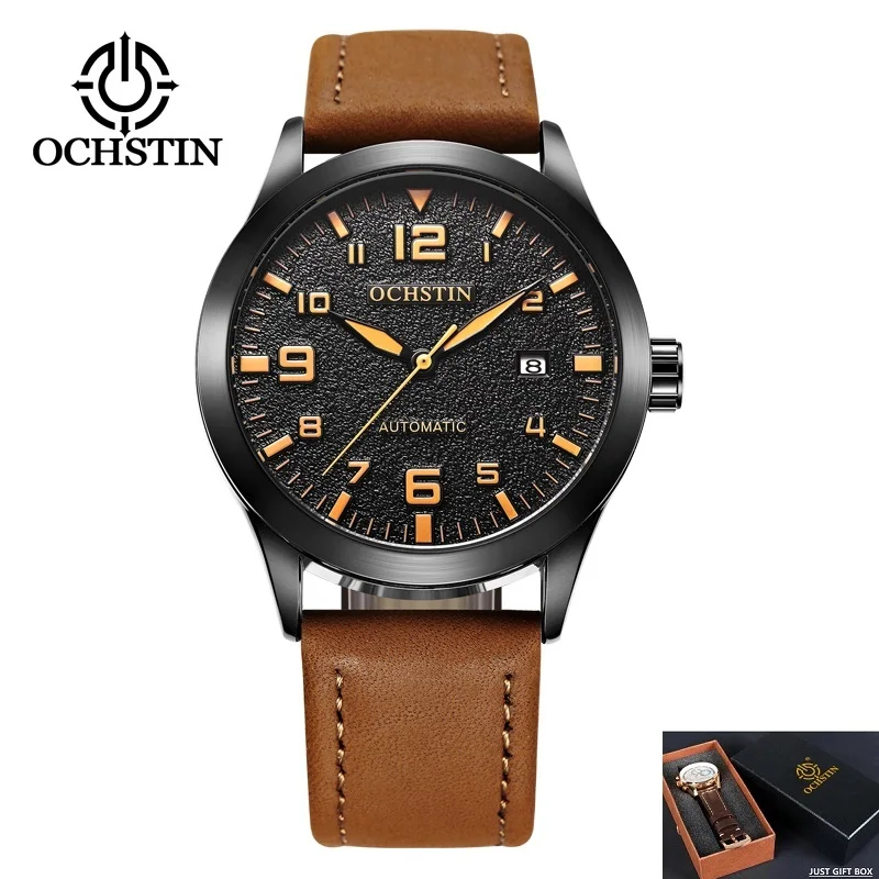 BROWN PLUS Роскошный топ бренд OCHSTIN автоматические часы для мужчин водонепроницаемый Дата Спорт для мужчин кожа механические наручные часы Мужские часы Мода relogio - Цвет: BROWN PLUS