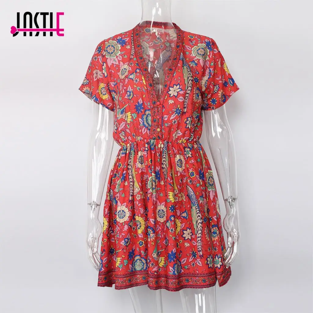 Koop Jastie Bohemian Mini Jurk V hals Zomer Jurken Vogels Bloemenprint Jurk Strand Chic Korte Jurken Casual 2017 Vrouwen Vestidos