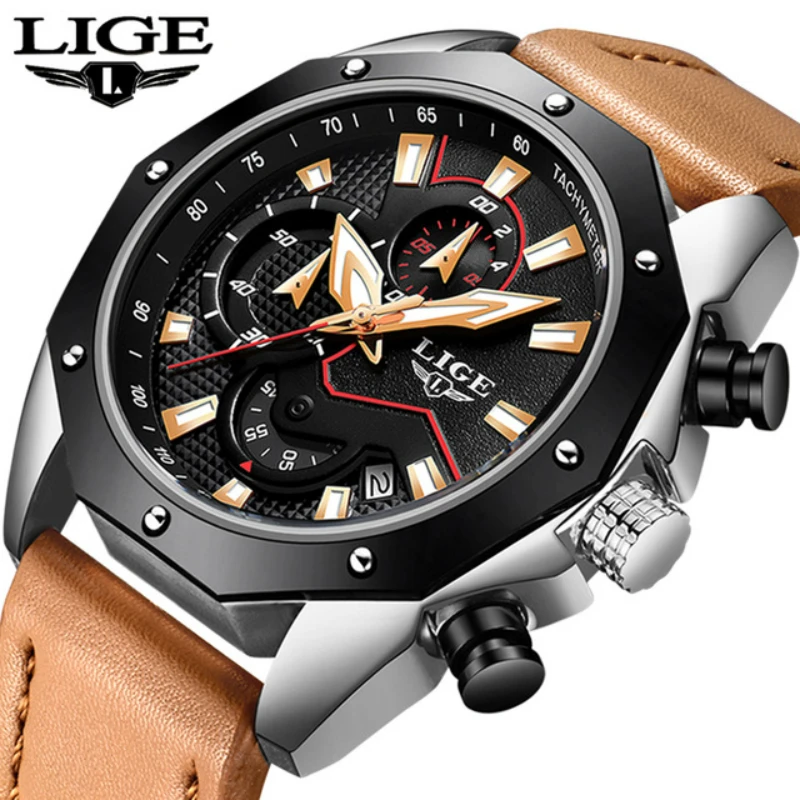 

2019 LIGE Military Sport Watch Men Top Brand Luxury Leather Army Quartz Watches Clock Men Creative Chronograph Relogio Masculino