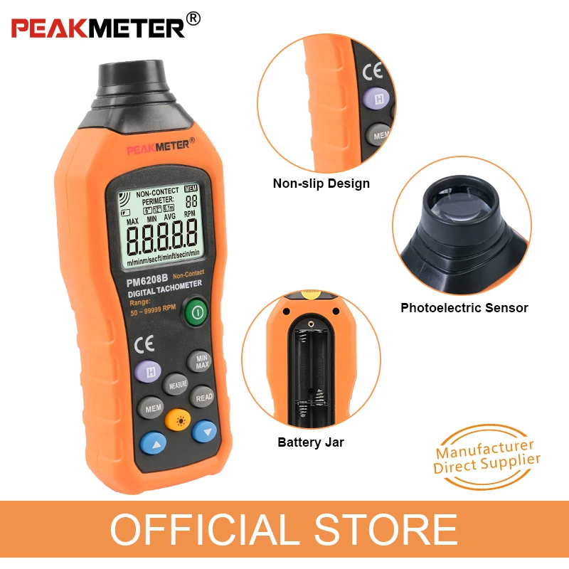Official PEAKMETER PM6208B Non-Contact Digital Tachometer 50~99999RPM max Speed Meter Rotation Tester