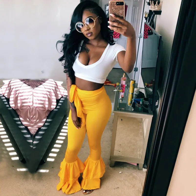 

Two Piece Set Top and Pants 2019 Short Crop Top Long Bell Pant 2 piece set tracksuit women two piece outfits sexy tweed set