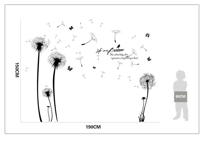 Черный Романтический Одуванчик ПВХ Наклейка на стену растительный цветок художественная Настенная Наклейка s домашний Декор Гостиная ТВ фон Наклейка Фреска