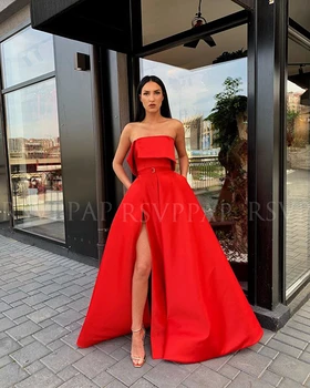 

Long Elegant Evening Dress 2020 New Arrival High Slit Arabic Dubai Red Satin Party Formal Evening Gowns