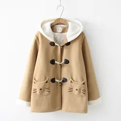 Утолщенные роговые пуговицы с вышивкой кота двойные карманы шерсть зимнее пальто с капюшоном 44529-LH