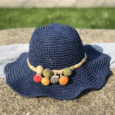 Летние милые вязаные крючком соломенные шляпы ручной работы Женская Повседневная шляпа от солнца полый дышащий шляпа 55-58 см складной - Цвет: Dark Blue