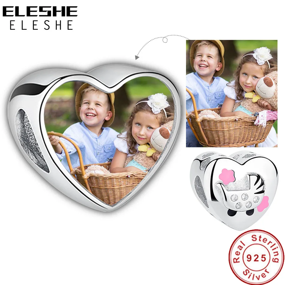 ELESHE 2019 New Personalized 925 Sterling Silver Heart Charms Fit Original Pandora Bracelet Customized Photo Beads DIY Jewelry