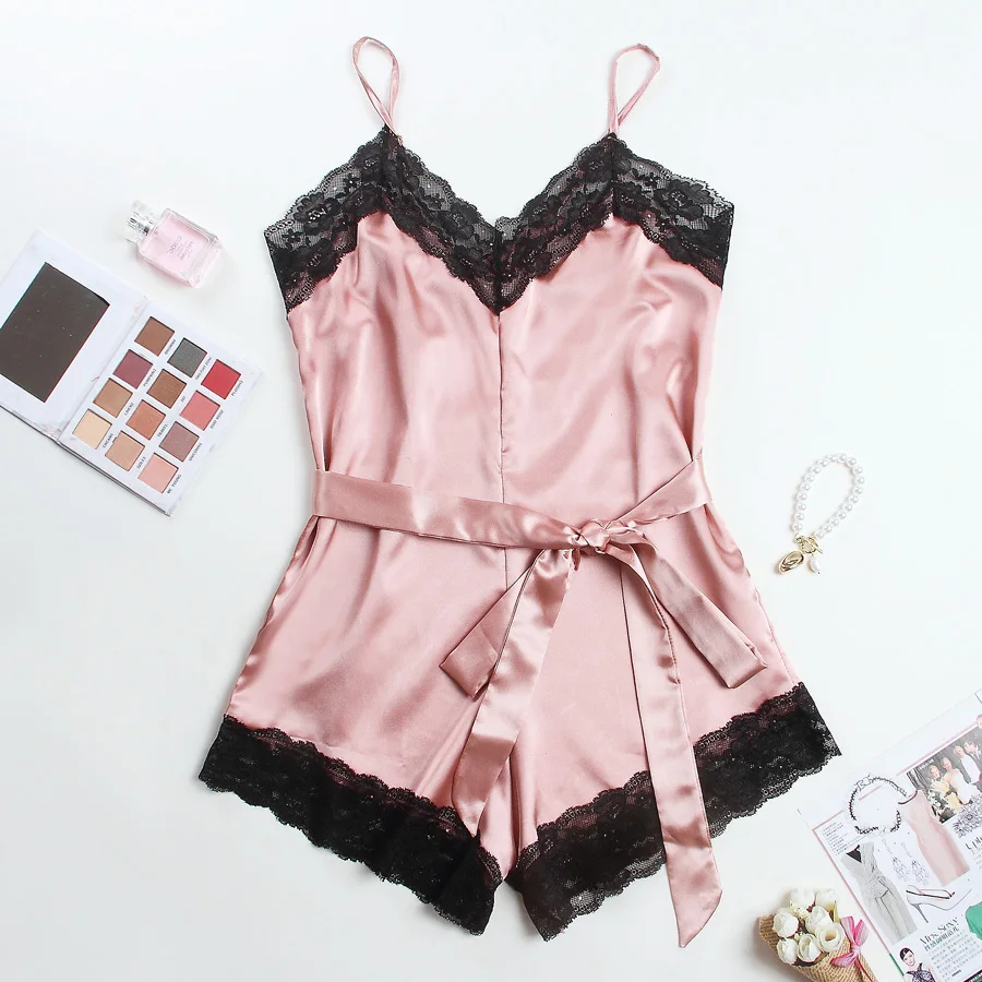 

Lingerie Lace Trim Satin Bodysuit Elegant Holiday Casual Romper Mini Belt Playsuit Women's Pajamas