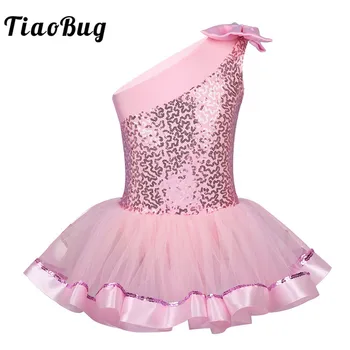 

TiaoBug Kids Girls Shiny Sequins Ballet Leotards Children One Shoulder Ballet Tutu Dress Gymnastics Leotard Stage Dance Costume