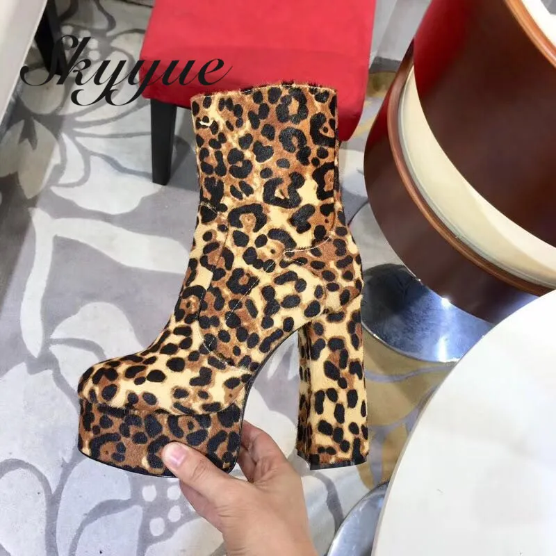 

SKYYUE New Genuine Leather Sexy Leopard Women Ankle Boots 4cm platform 13 cm super high heel chunky heel women winter boots