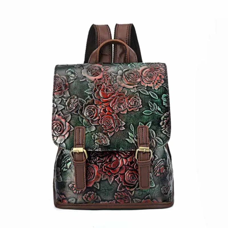 

Women Backpack Embossing Genuine Leather Fashion Bolsa Feminina Luxury Bags Floral Retro Style Female Travel Back packs Gift