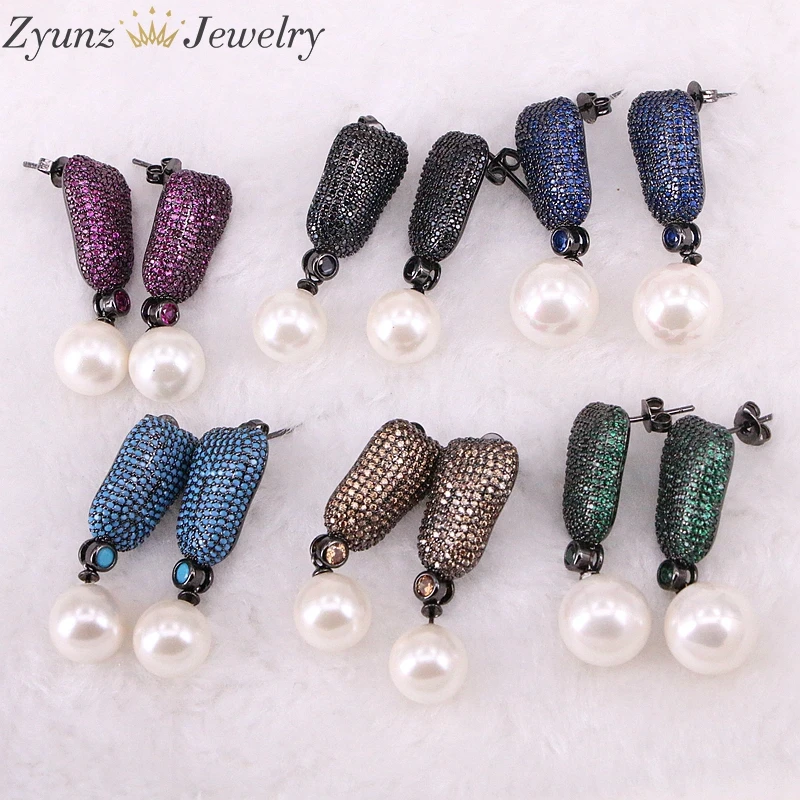 

4 Pairs ZYZ332-5028 New Arrival Shell Pearl Cubic Zirconia CZ Crystal Dangle Drop Earrings for Women Small Size