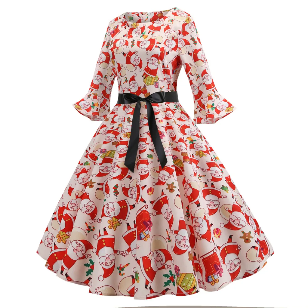 Christmas Dress Women Three Quarter Sleeve O Neck Christmas Santa Claus