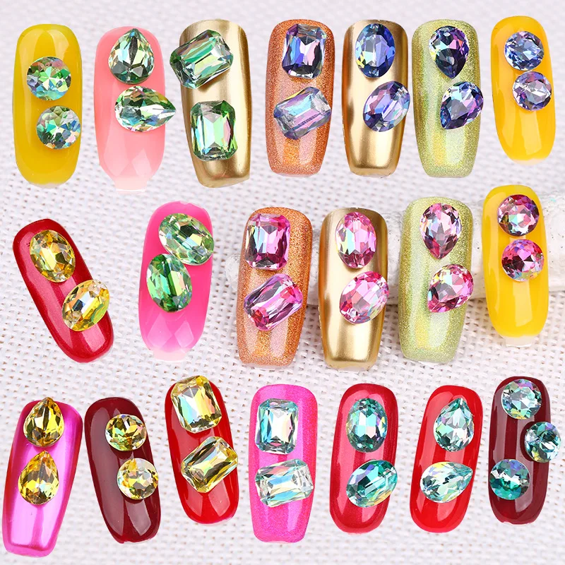 6pcs colorful crystal nail rhinestones round oval heart shape diamond shaped glass drill nail