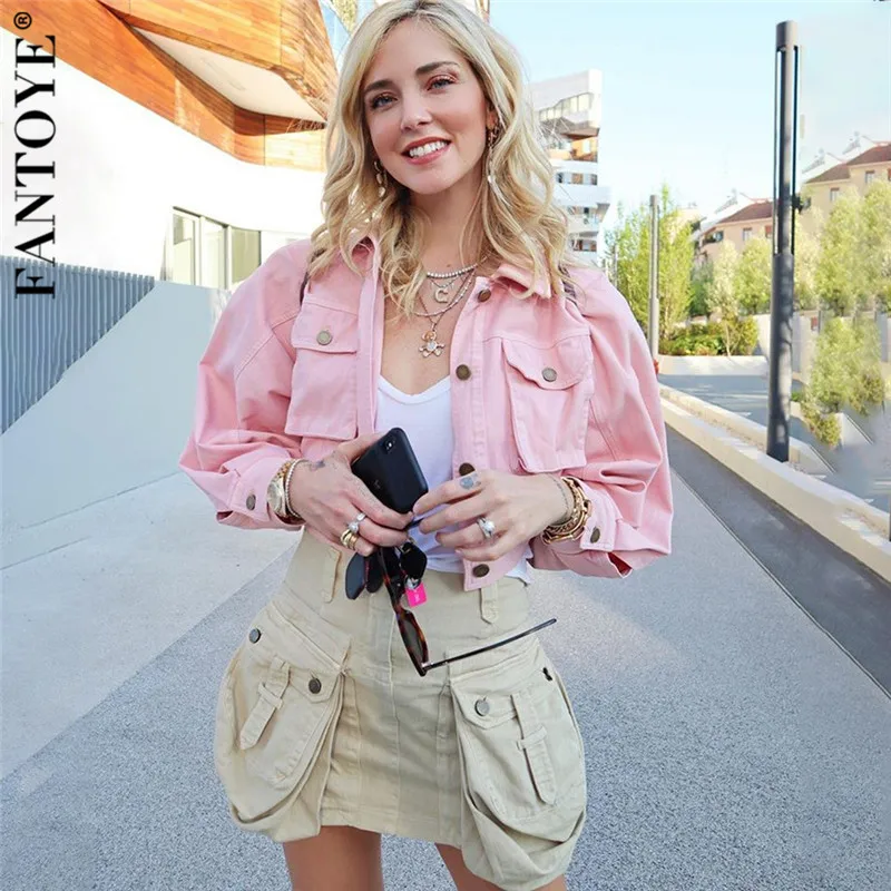 

Fantoye 2019 New Pink Women Jackets Coat Casual Loose Long Sleeve Oversize Crop Jackets Autumn Women's Jean Tops Outwear Mujer