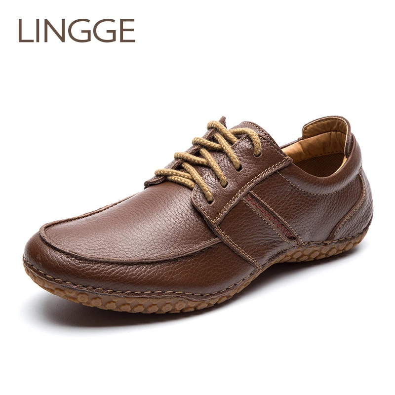 

LINGGE Brand Men'S Shoes 100 % Genuine Leather Lace-Up Men Shoes Leisure Rubber Non-Slip Casual Shoe Vintage Men Daily Shoe