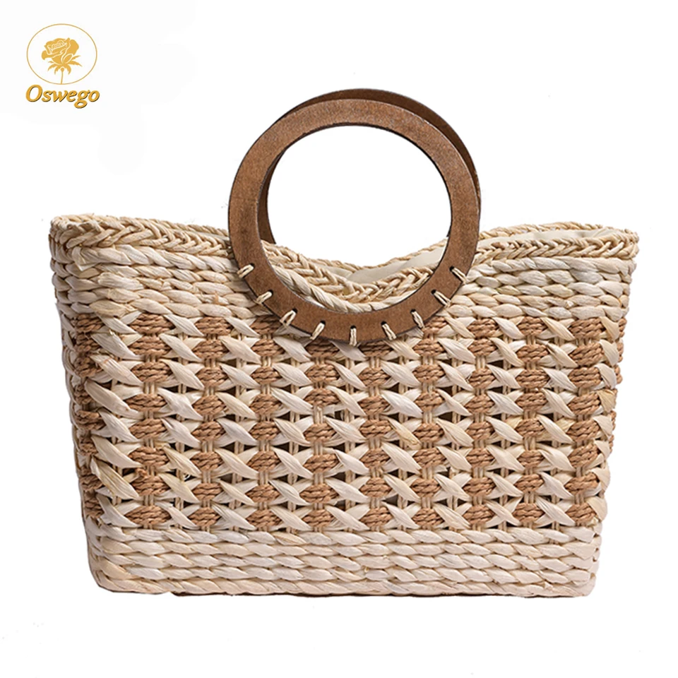 

Oswego Large Capacity Straw Handbag Vintage Wooden Handle Ring Square Straw Bag Beach Summer Travel Shoulder Bag Women 2019 New