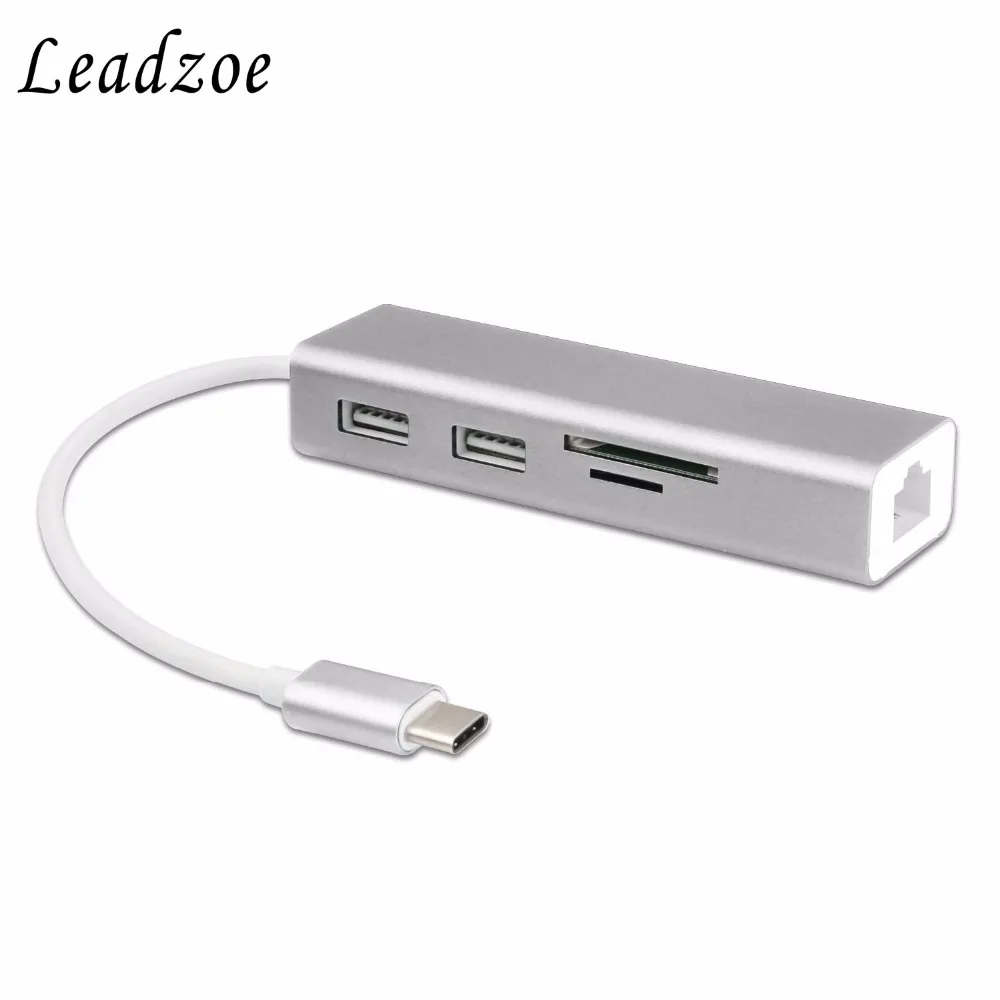 USB C концентратор, leadzoe Тип C адаптер с 2 USB 3,0 концентратор Splitter Порты и SD Card Reader и rj45 Gigabit Ethernet сеть конвертер