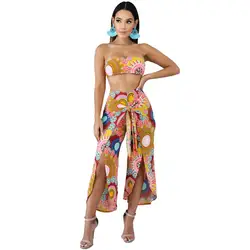Новый женский сексуальный комплект из двух предметов с цветочным принтом, летний укороченный топ, широкие брюки с разрезом, богемные