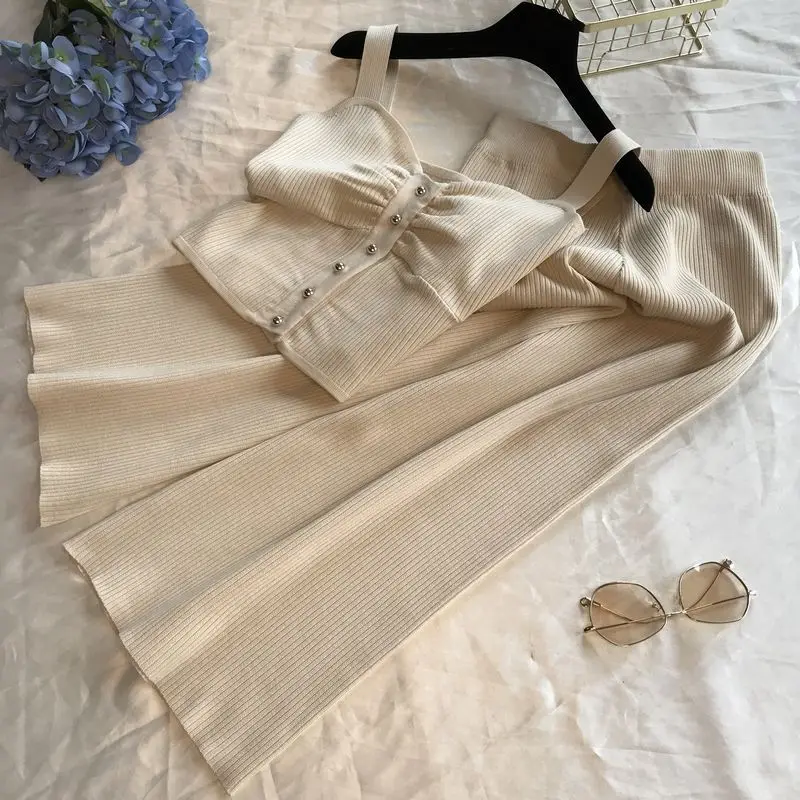 ALPHALMODA вязаный жилет без рукавов + трикотажные широкие брюки женский летний