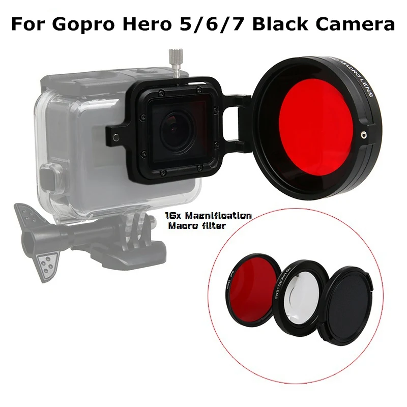 ORBMART 58 мм УФ-фильтр 16X Лупа макрообъектив для Gopro Hero 5 6 7 аксессуары для спортивной экшн-камеры - Цвет: Lens and Red Filter