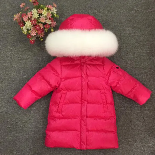Детский пуховик для мальчиков и девочек, плотная длинная Лыжная куртка с натуральным воротником - Цвет: mei hong