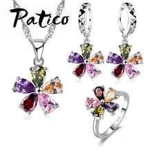 Высокое качество, ювелирный набор, Блестящий цветной, с кубическим цирконом, Хрустальный цветок, ожерелье, серьги, кольца, 925 пробы, серебро, свадебные наборы