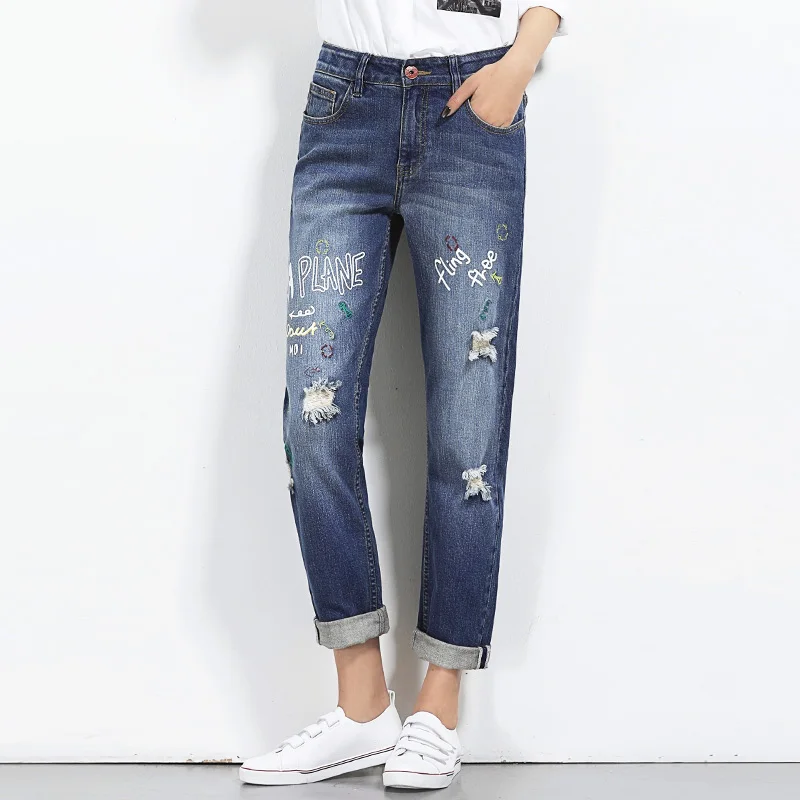 

2017 LEIJIJEANS New arrival fashion jeans women printed hole jeans Ripped straight full length jeans mid waist low elastic demin