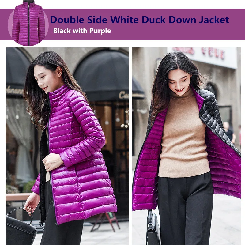 Winter Double Side Ultra Light Long Duck Down Jacket Woman