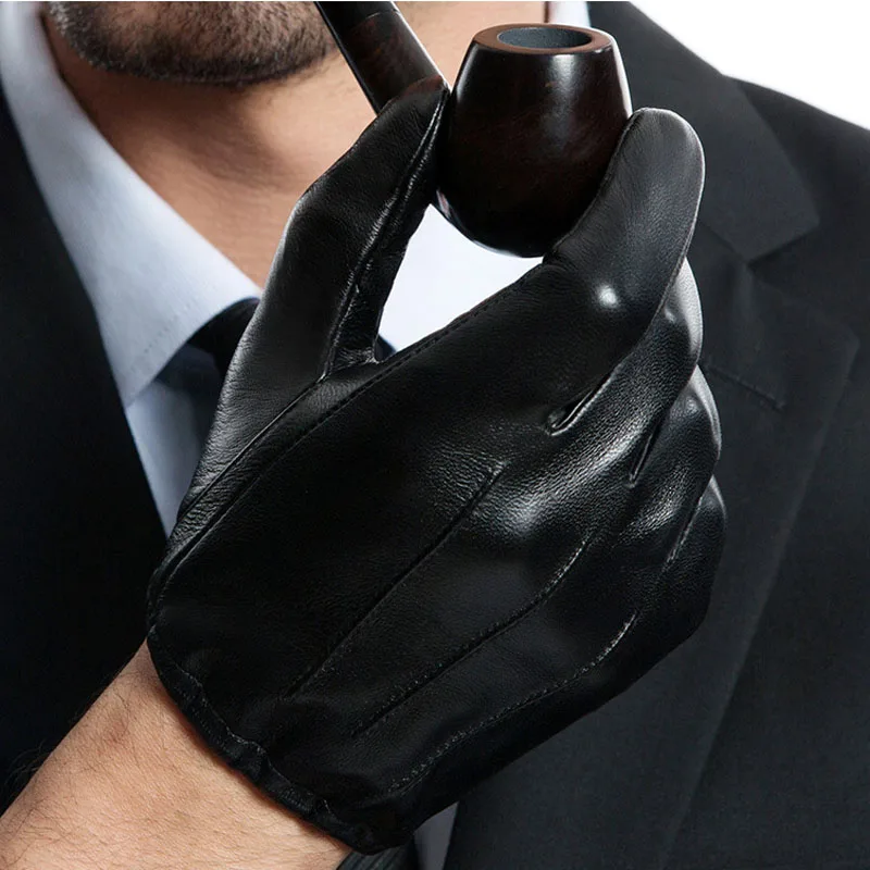 man causal back three lines real lleather short unlined leather gloves in blackin Men's Gloves