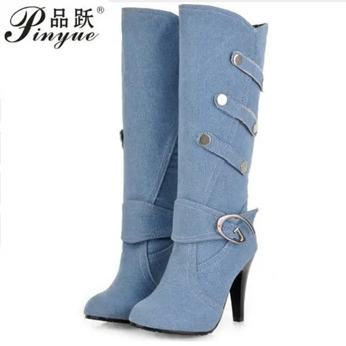 

Large size Women Spring Autumn Denim Knee High Boots High Heels Buckle Strap Metal decoration Pointed Toe Platform Boots