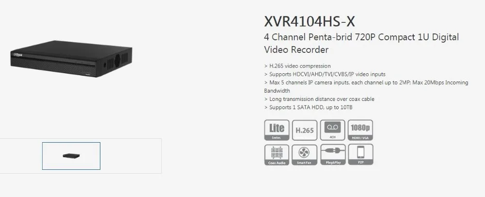 Dahua DVR XVR4104HS-X 4CH H.265 720 P поддерживает 1 SATA HDD до 10 ТБ поддерживает HDCVI/AHD/TVI/CVBS/IP видеовходов видеомагнитофон