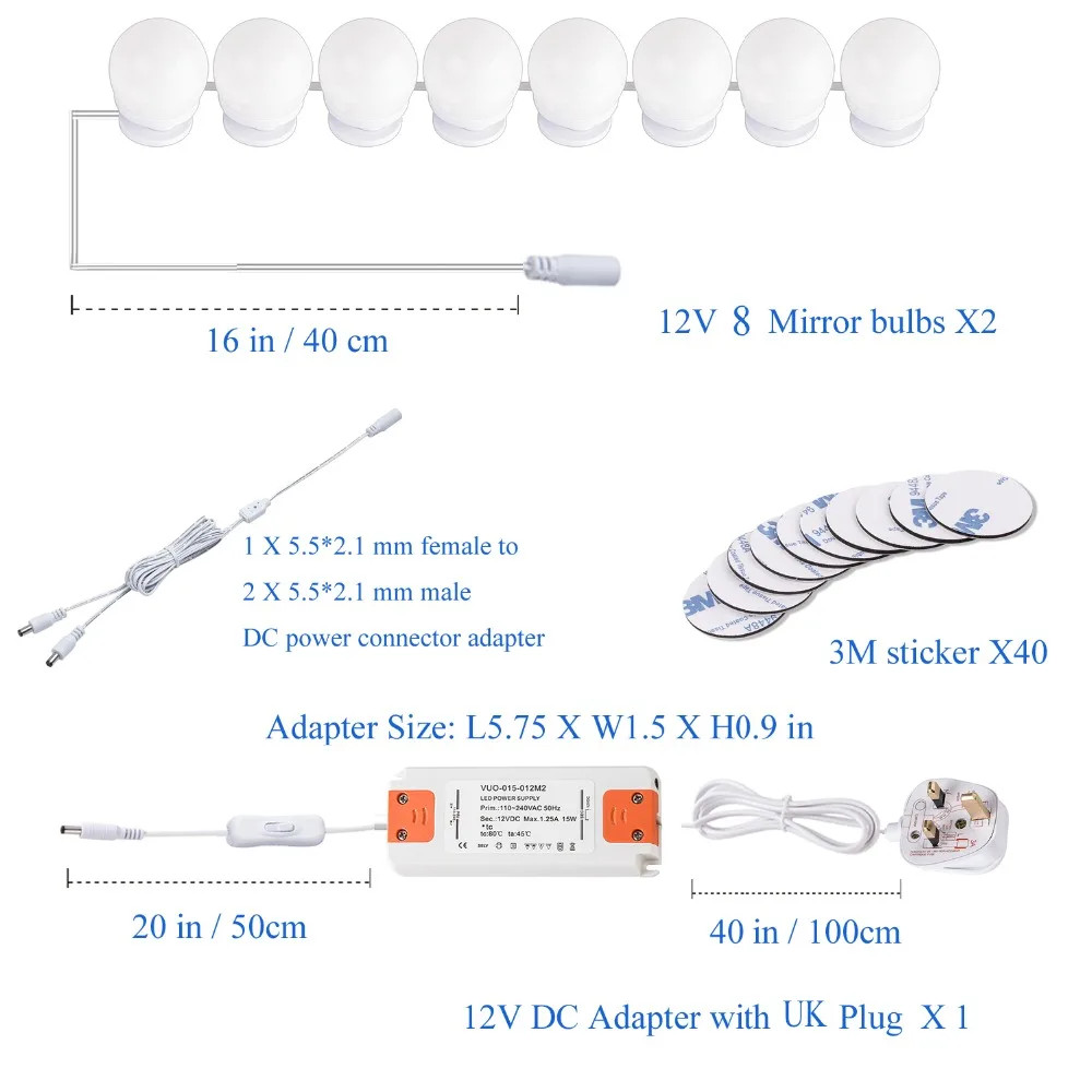 Светодиодный набор косметических зеркал в голливудском стиле, лампы для настенного туалетного столика с диммером и адаптером, 16 шт. лампочек