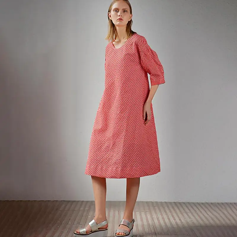 Buykud 2019 Summer Dress Solid Color O-Neck Three Quarter Midi Dresses Casual Plaid Plus Size Female Vestidos (2)