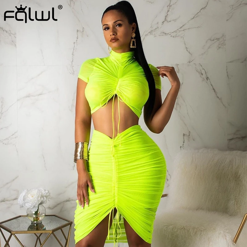 

FQLWL Lace Up Bandage Sexy Pleated Dress Women Transparent Two Piece Summer Bodycon Mesh Dress Ladies Club Party Dresses Vestido