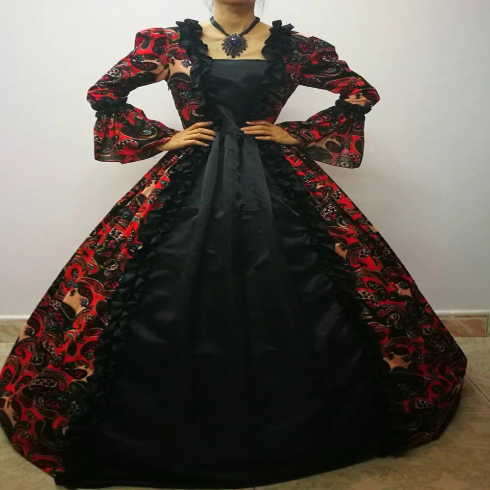 

New Princess Burgerdy Print Cottom Dresses Ball Gown Pleated Gown Costume Renaissance Theatre Dress Long Sleeve Victorian Dress